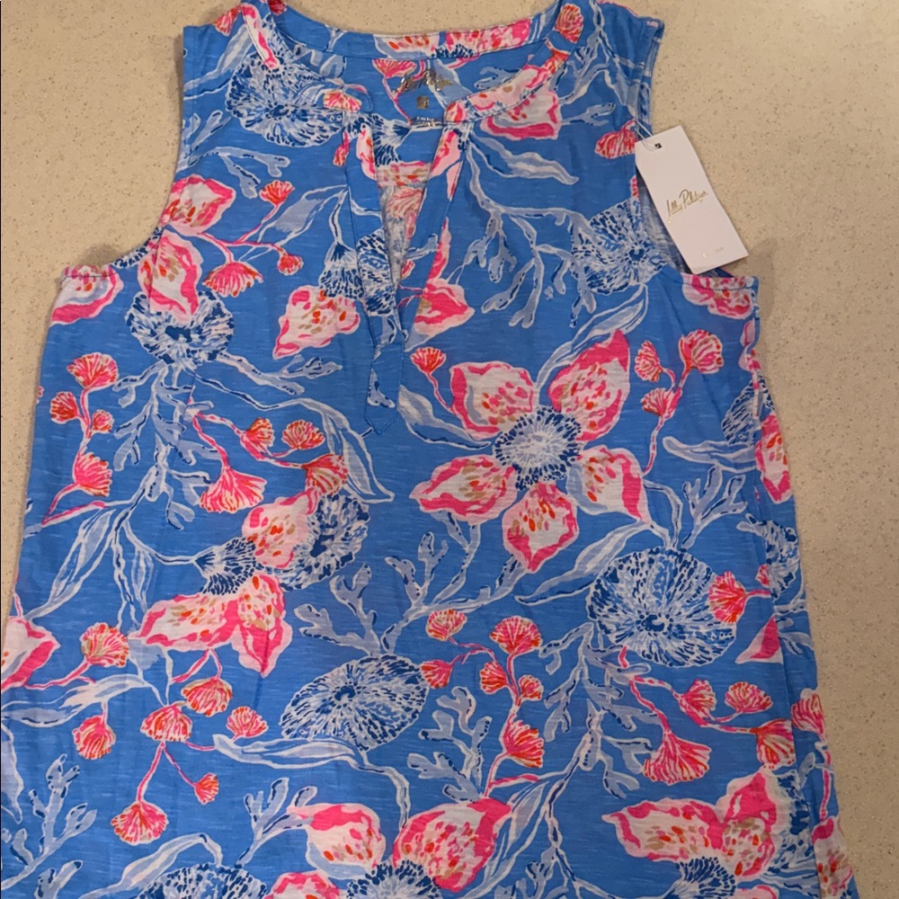 Lilly Pulitzer Blue Floral Sleeveless Shift with Pink Accents size Med